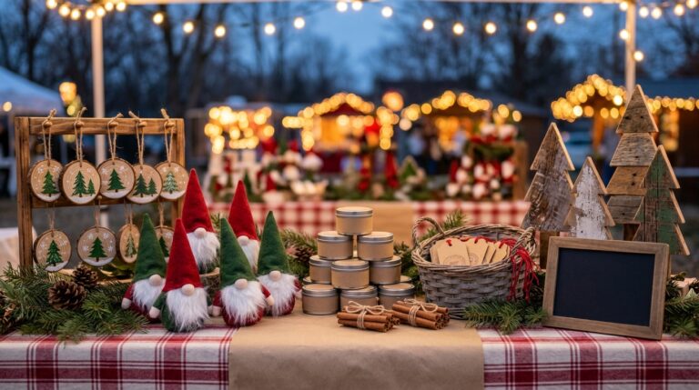 Christmas crafts to sell on a craft fair table: wood slice ornaments, felt gnomes, tin candles and gift tags
