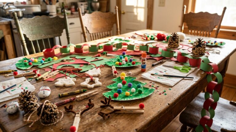 Christmas crafts with grandkids covering a kitchen table: paper plate trees, salt dough ornaments and clothespin reindeer