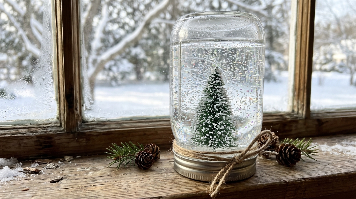 Jar snow globe with a tiny tree and fake snow on a windowsill