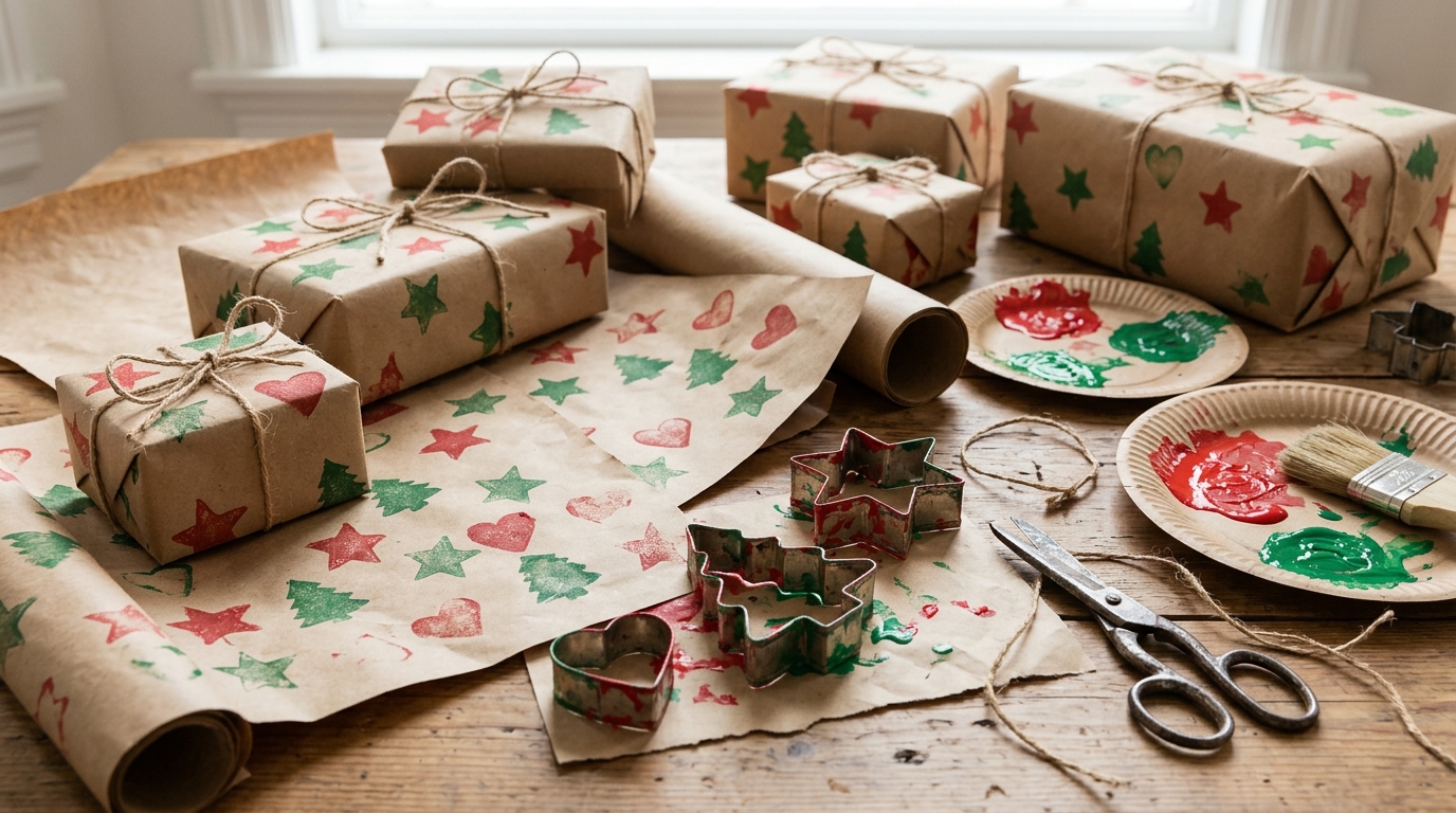 Christmas crafts with grandkids: kraft paper stamped with stars and trees using cookie cutters