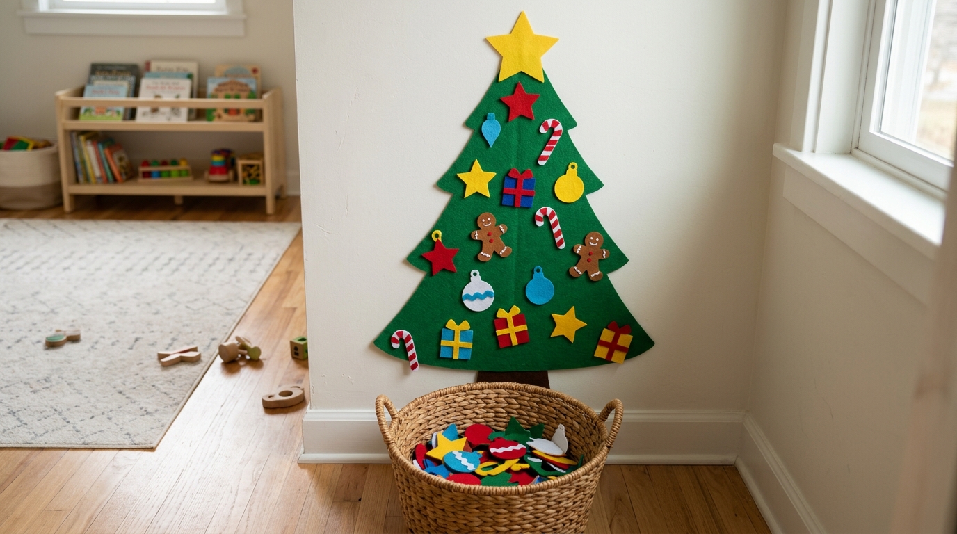 Green felt Christmas tree on a wall with colorful felt ornaments