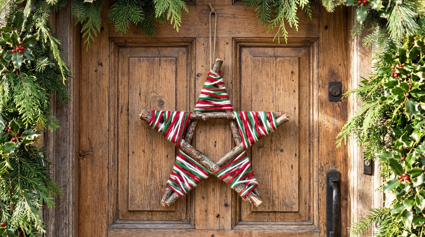 Star made from sticks wrapped in red and white yarn hanging on a door