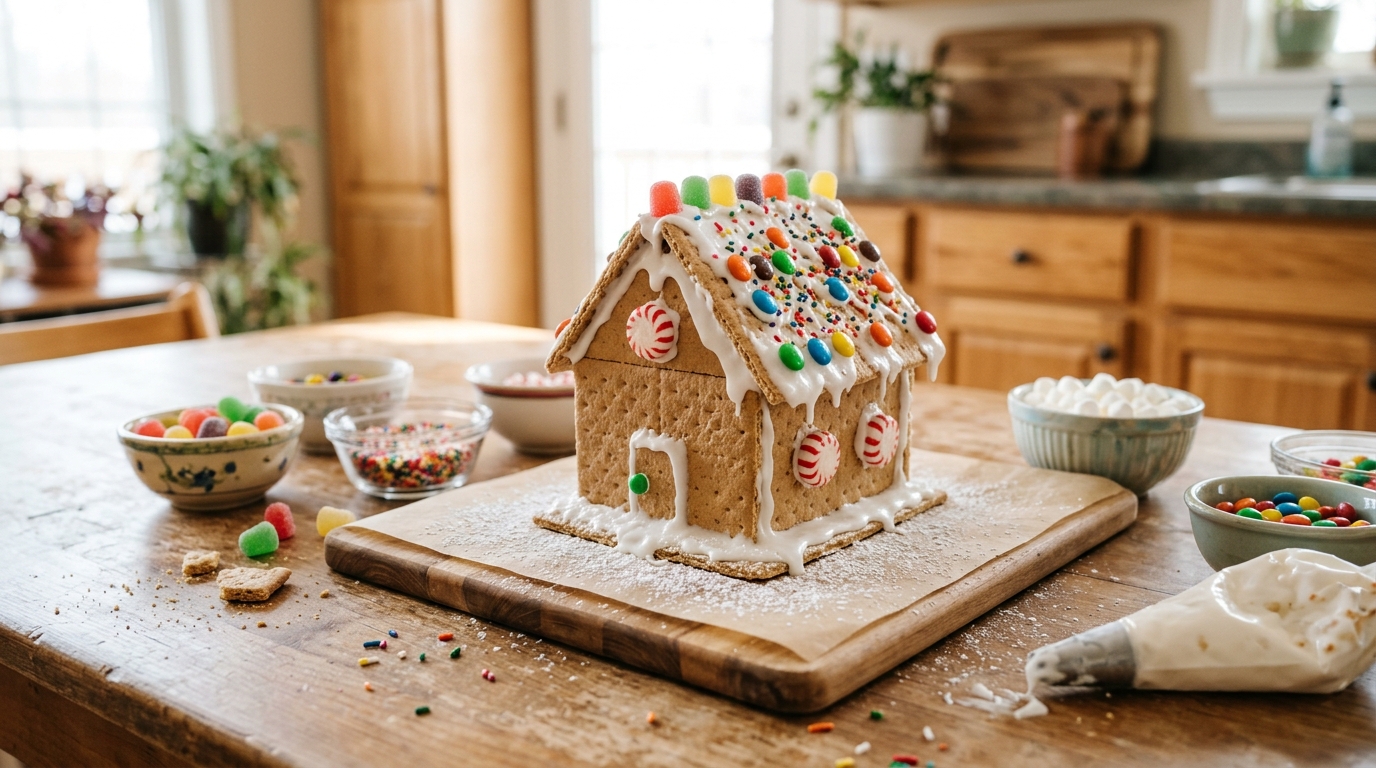 Christmas crafts with grandkids graham cracker gingerbread house with candy