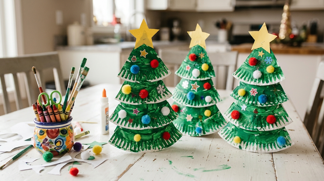 Christmas crafts with grandkids paper plate tree decorated with pom poms and a yellow star