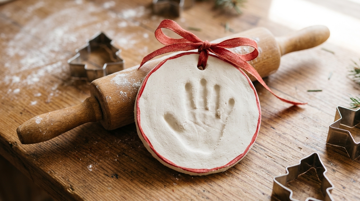Salt dough ornament with a small handprint painted white with a red ribbon