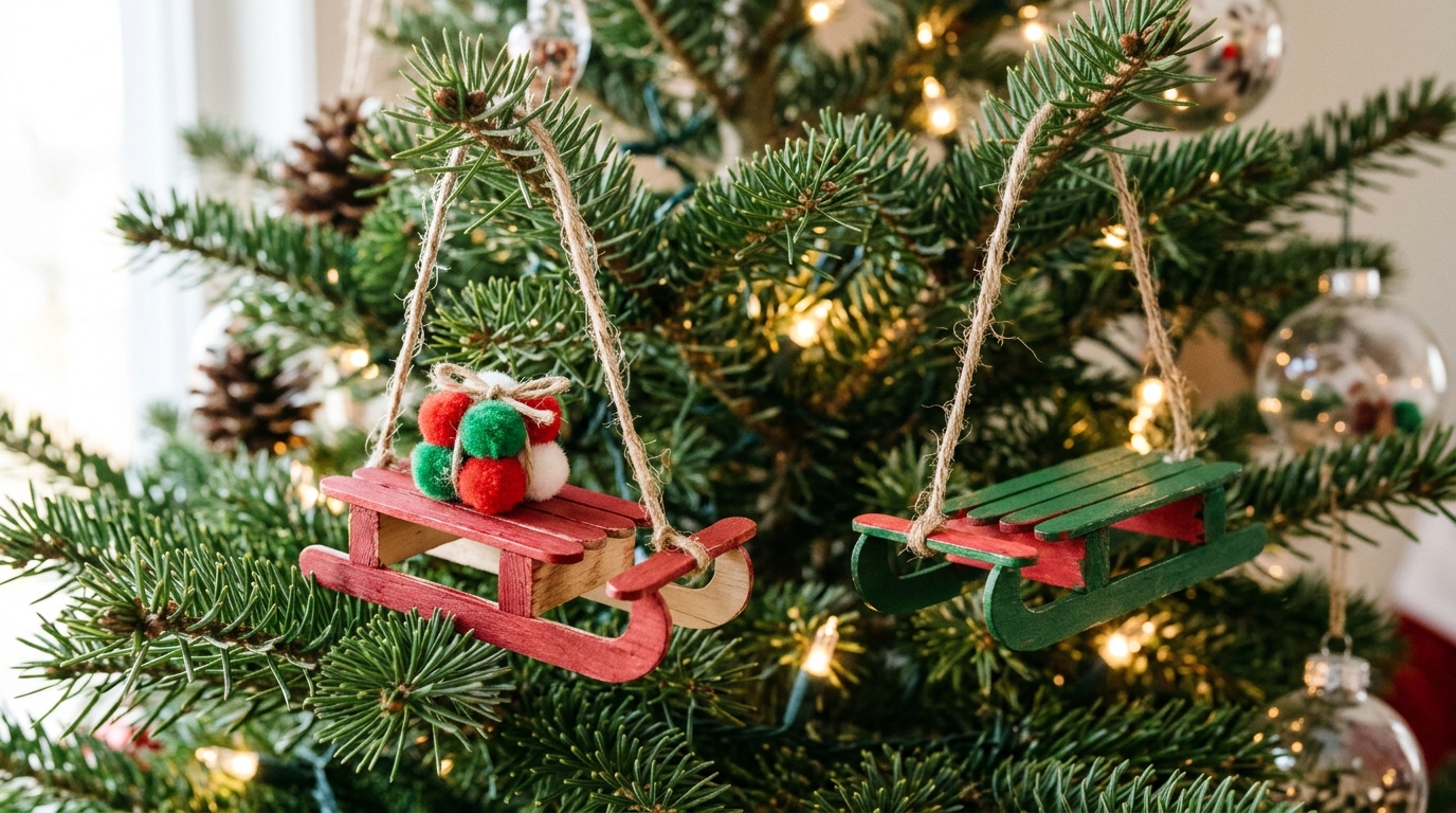 Small sled ornament made from popsicle sticks painted red with twine