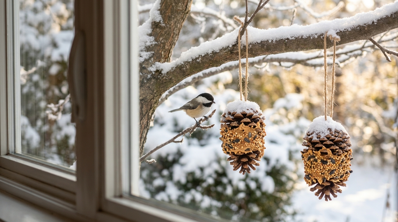 Pinecone bird feeder, one of the easiest Christmas crafts with grandkids, on a snowy branch