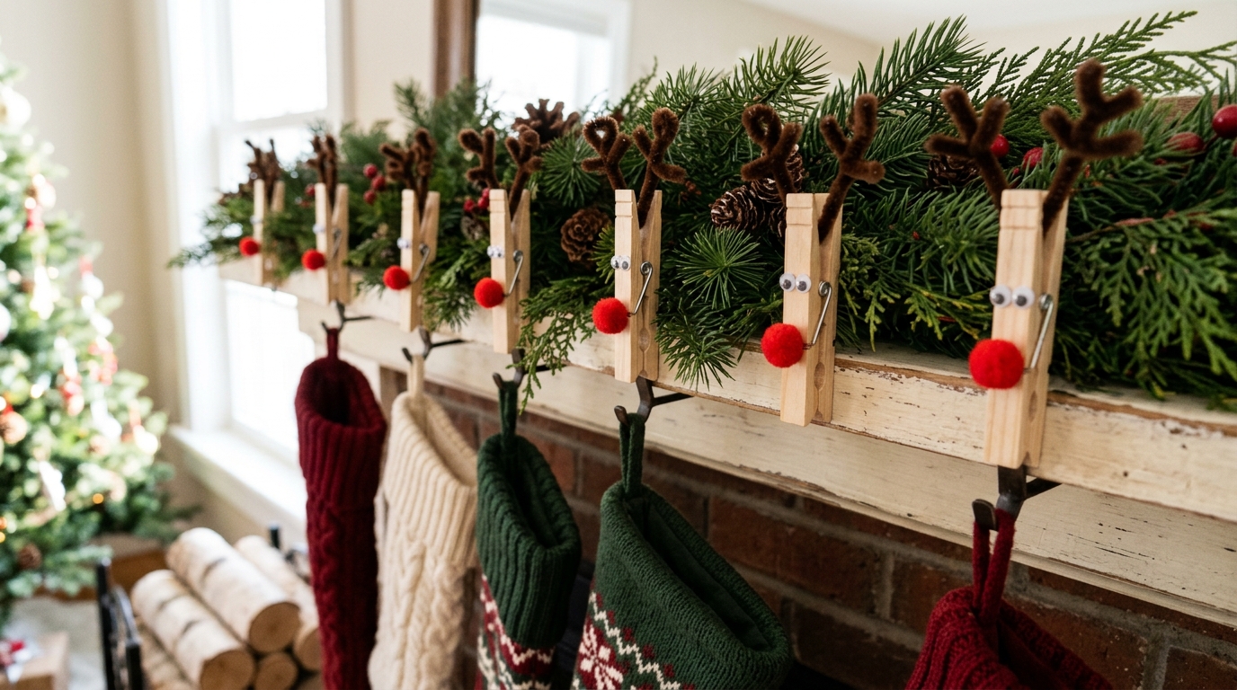 Christmas crafts with grandkids clothespin reindeer with googly eyes and red pom pom noses