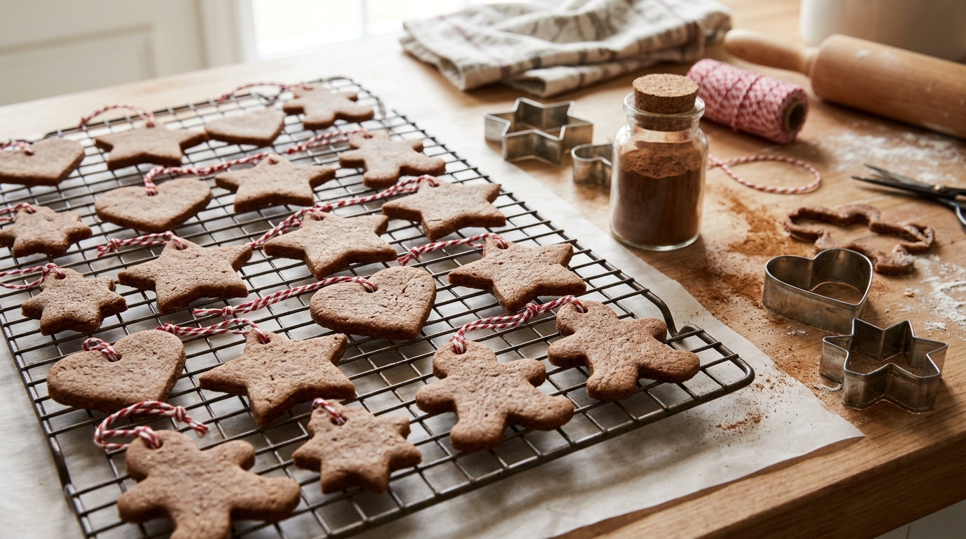Brown cinnamon dough ornaments cut into stars and hearts with ribbons