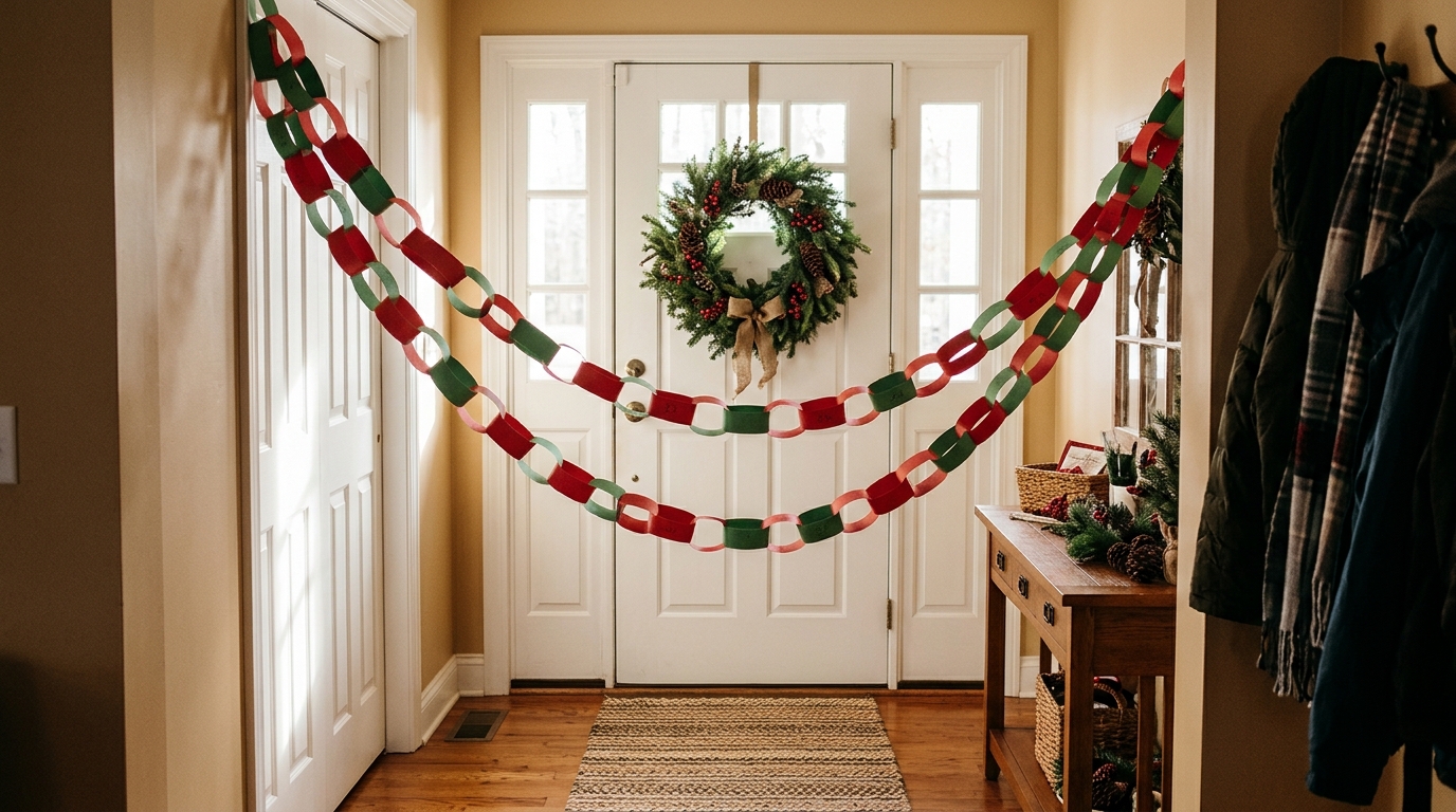 Red and green paper chain countdown to Christmas hanging on a door