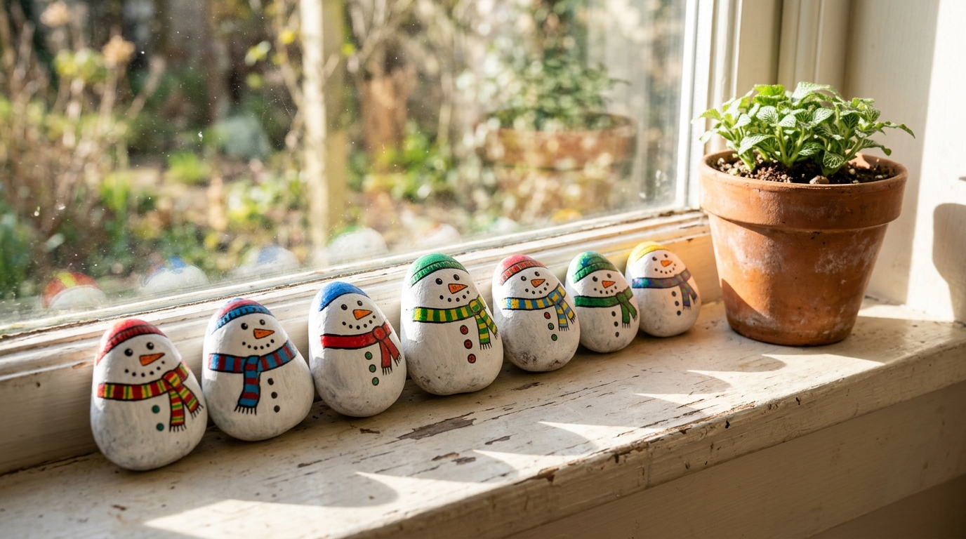 Painted rock snowmen, simple Christmas crafts with grandkids, with scarves and hats