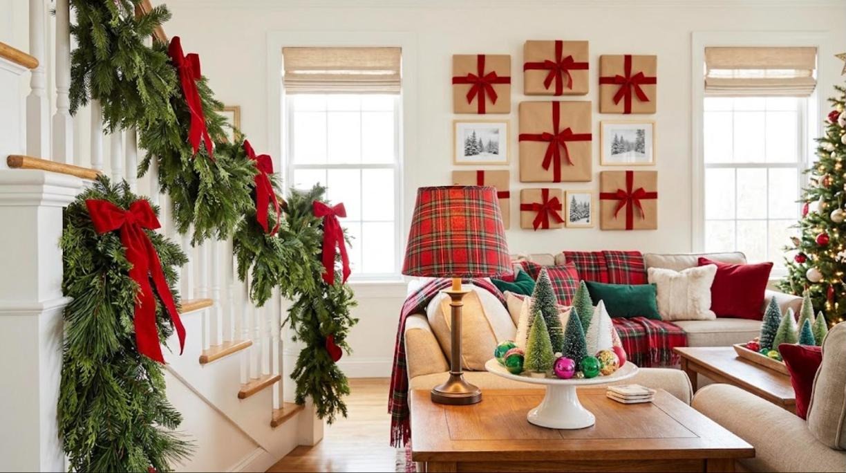 Christmas decorating hacks in a living room with full stair garland, plaid lamp shade, wrapped frames and a cake stand display