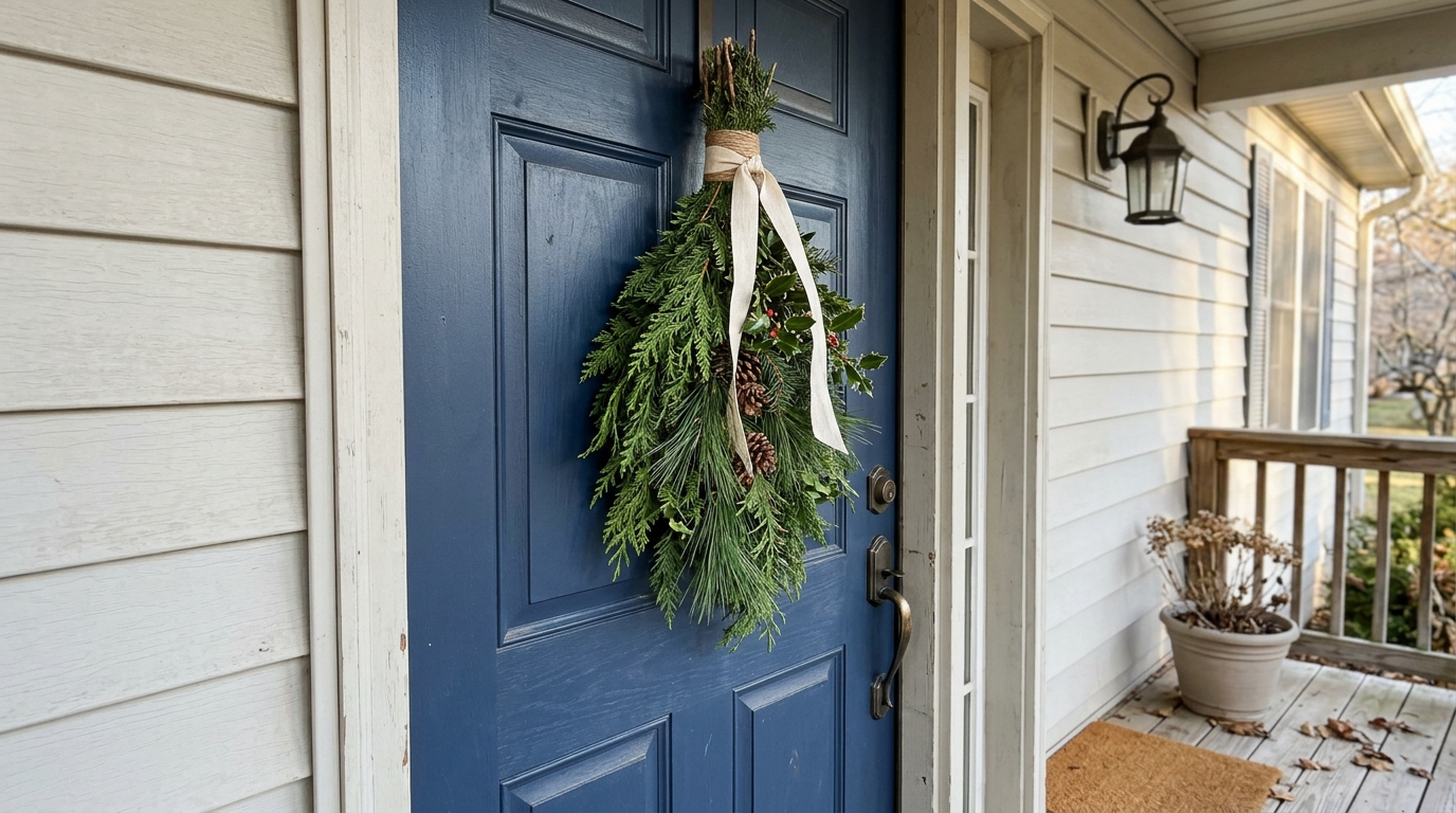 Rustic bundle of cedar and pine sprigs with a few cones tied with cream ribbon on a navy blue front door