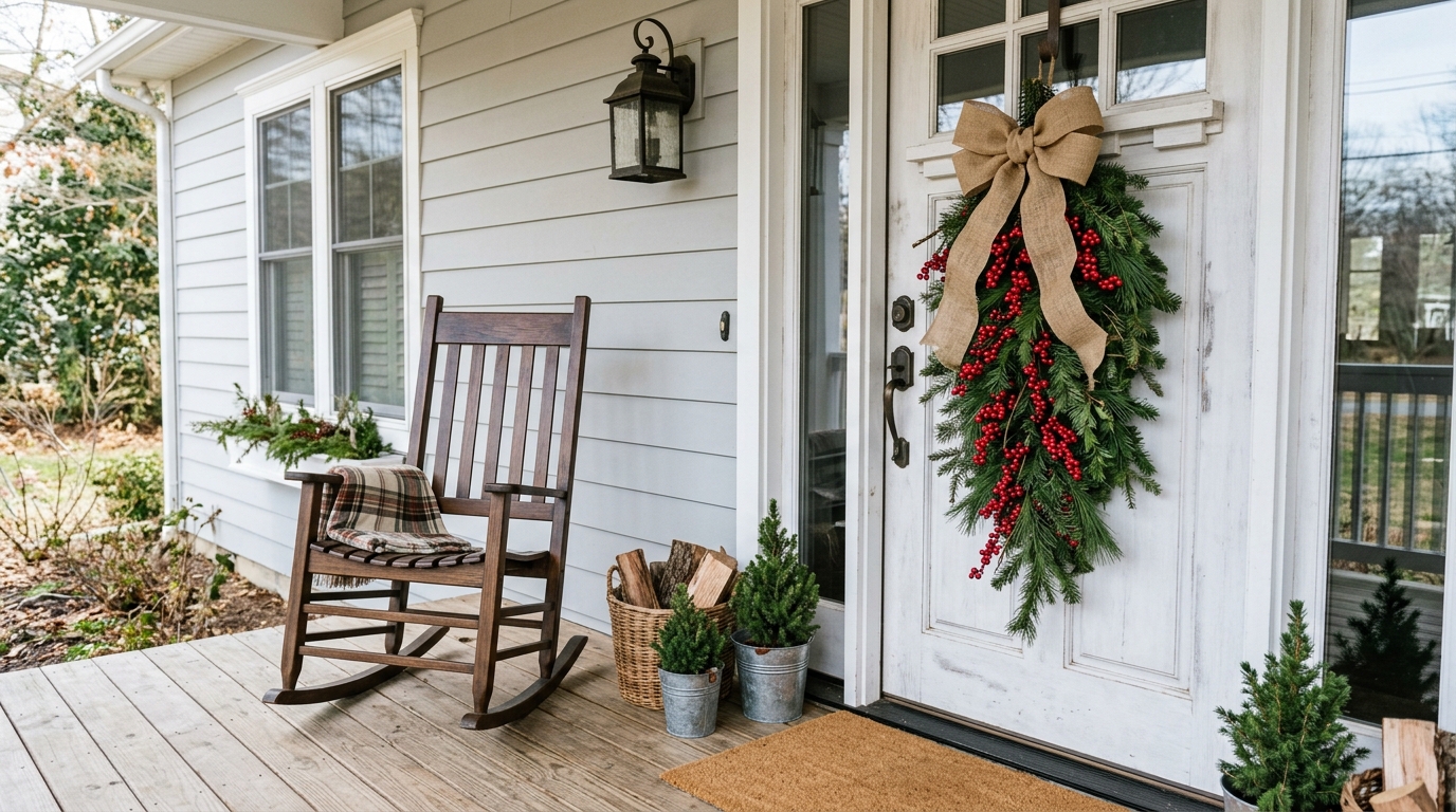 Rustic pine swag with a burlap bow and bright red berry stems on a white front door