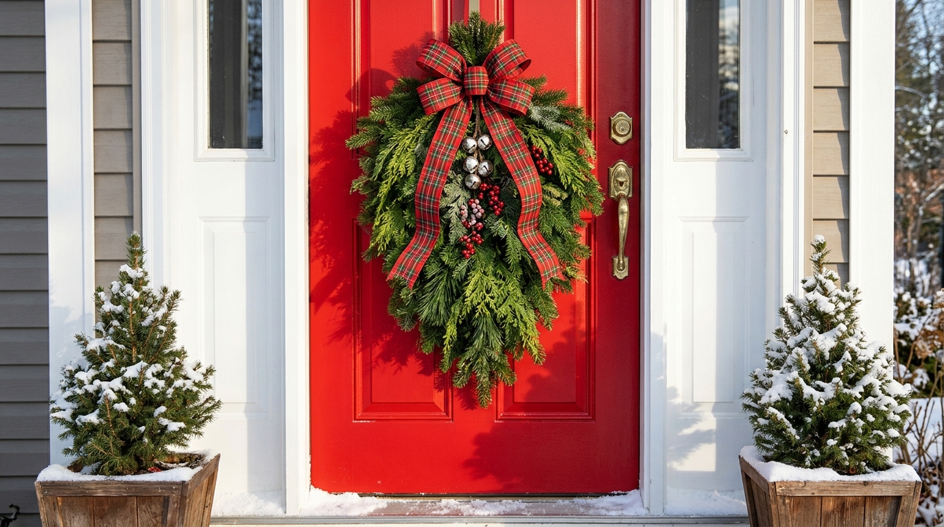 Christmas Door Swags of pine and fir with a red and green plaid bow on a red farmhouse door