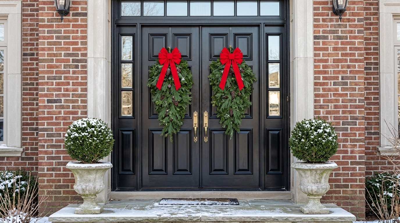 Christmas Door Swags hanging as a matching pair on black double front doors with red bows