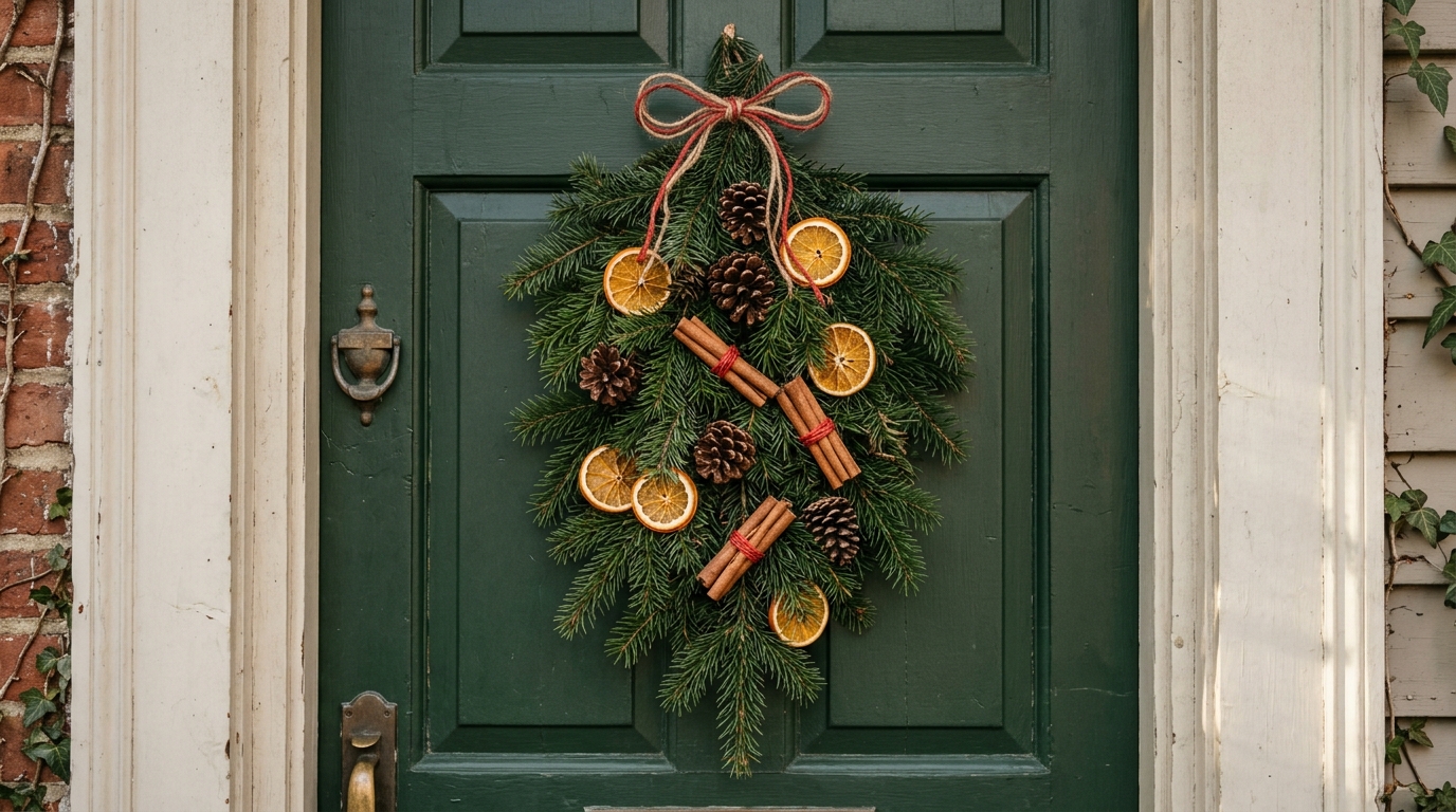 Christmas Door Swags of pine with dried orange slices and cinnamon sticks on a dark green front door
