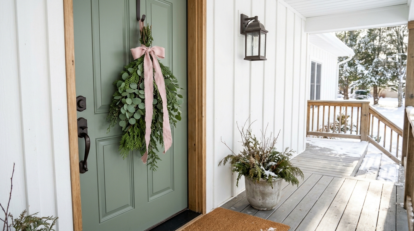 Silver dollar eucalyptus and feathery cedar bundle with a dusty pink linen ribbon on a sage green door
