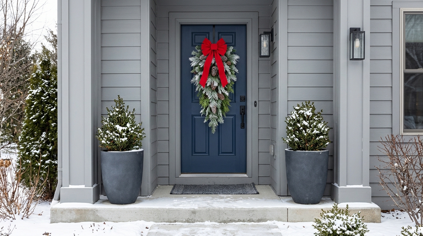 Lifelike artificial pine swag with frosted tips and a red velvet bow on a blue front door