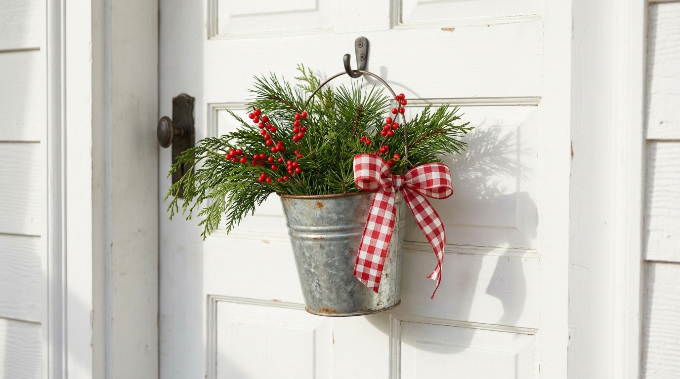 Small galvanized metal bucket hanging on a door, filled with pine branches and red berries