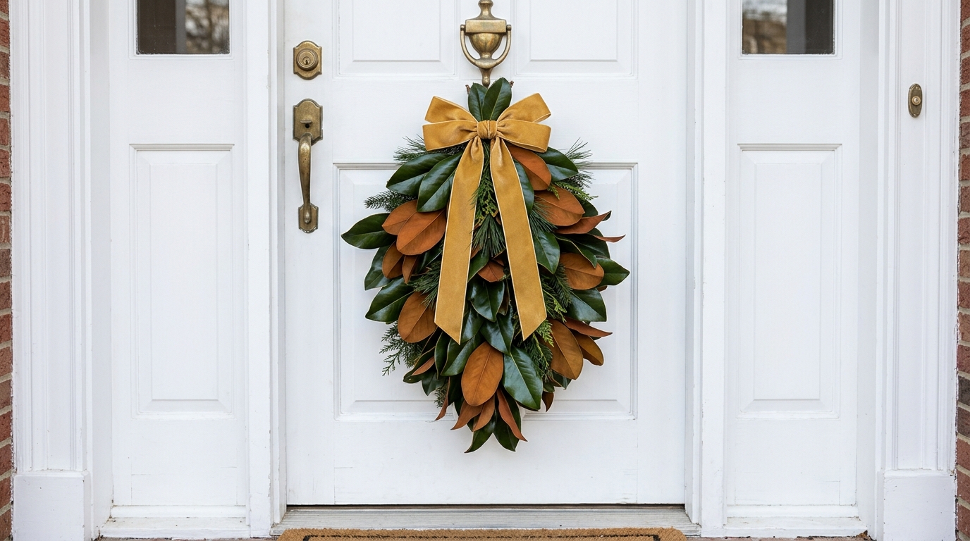 Christmas Door Swags of glossy magnolia leaves and pine tied with a gold velvet ribbon on a white door