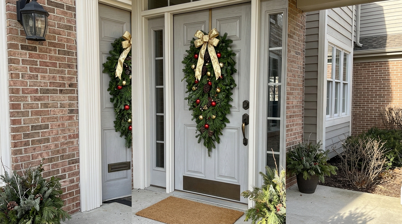 Teardrop bundle of fir branches dotted with small red and gold shatterproof ornaments on a gray door