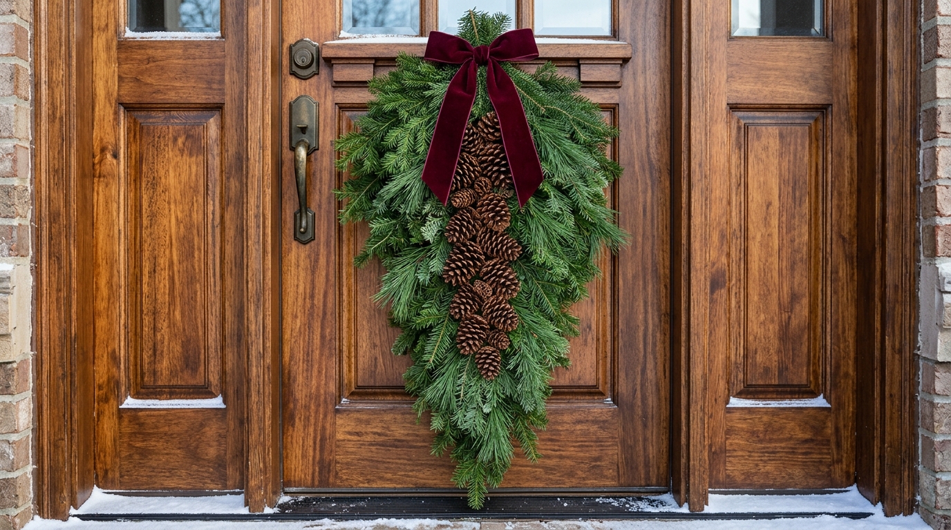 Evergreen swag covered with clusters of natural pine cones and a burgundy ribbon on a wooden door