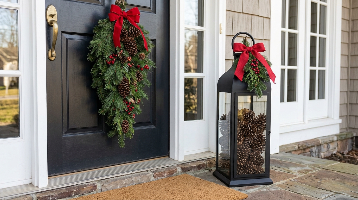 Christmas Door Swags of pine and red ribbon tied to the handle of a black lantern beside a front door