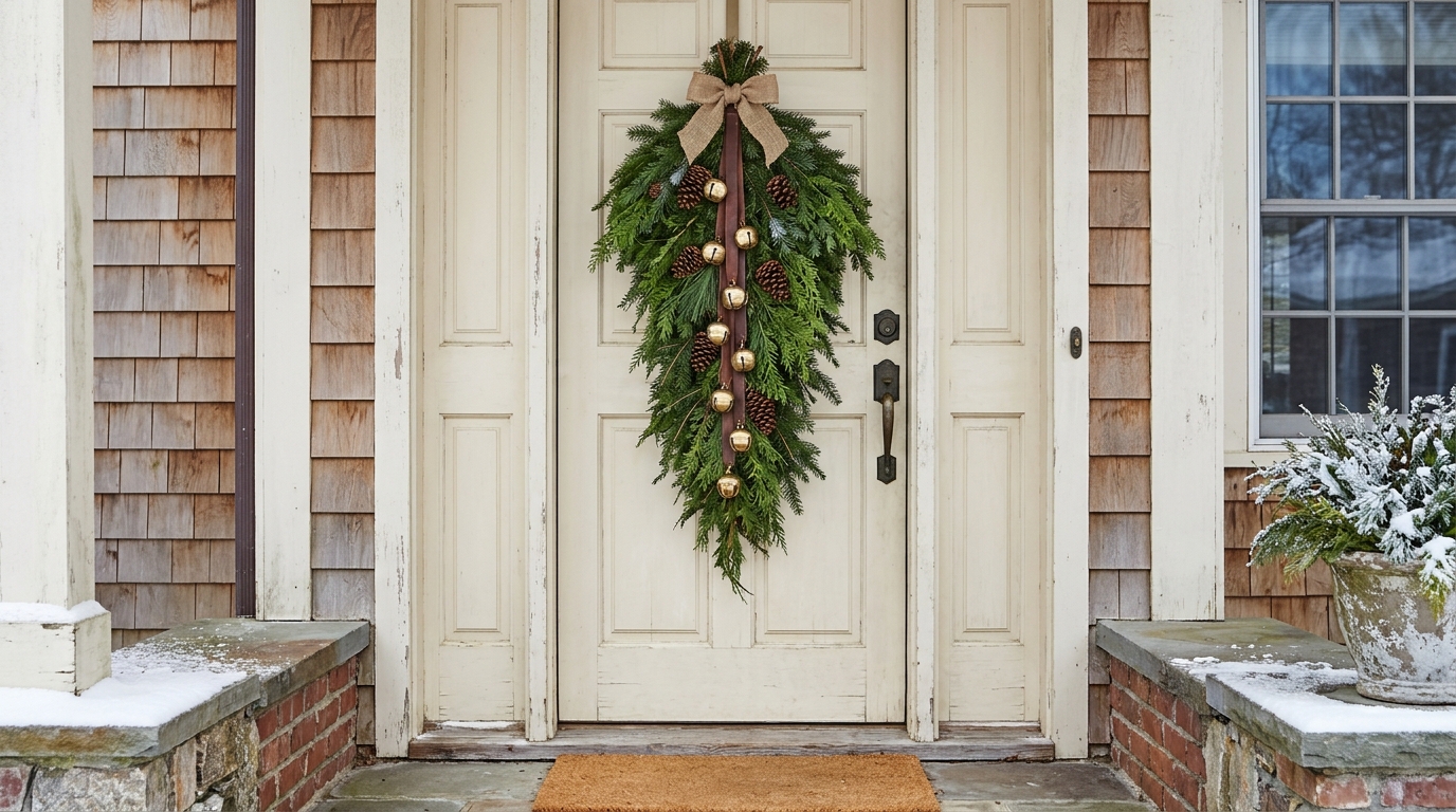 Brass sleigh bells strung down the middle of a cedar and pine bundle on a cream front door