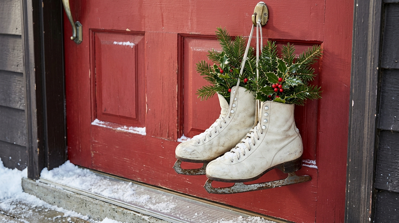 Christmas Door Swags of pine greens with a pair of white vintage ice skates hanging on a front door