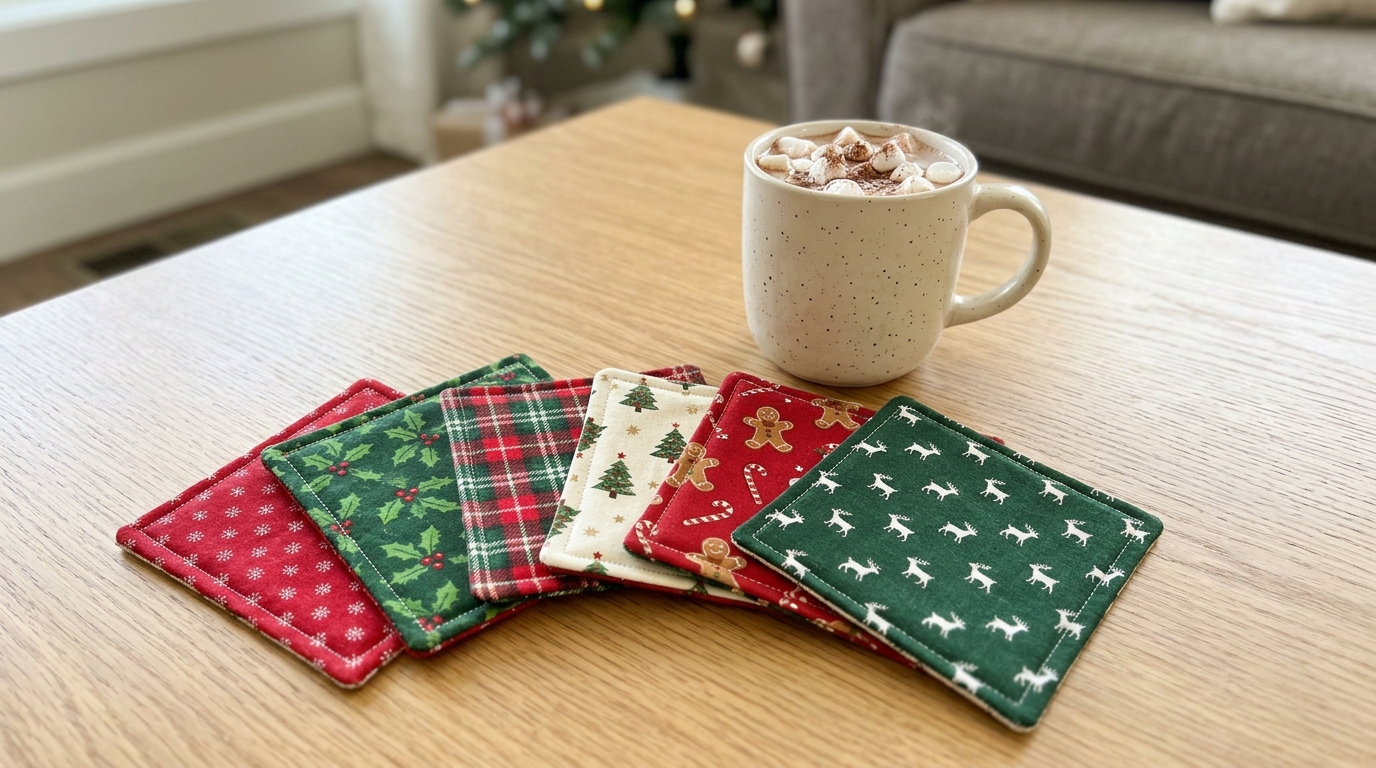 Six square fabric coasters in holiday prints fanned out beside a mug of cocoa