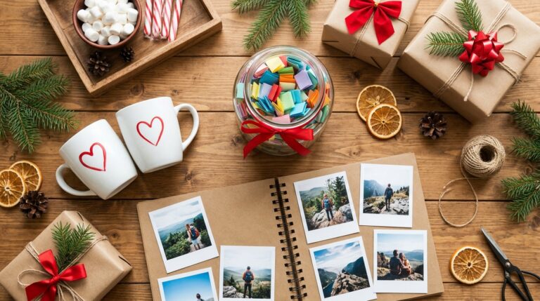 Christmas gifts for couples flat lay with a date night jar, heart mugs and a memory scrapbook