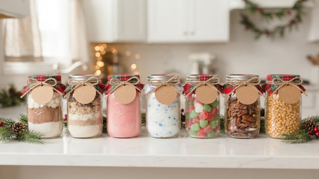 Christmas gifts in a jar lined up on a kitchen counter with cocoa, cookie mix, bath salts and candy