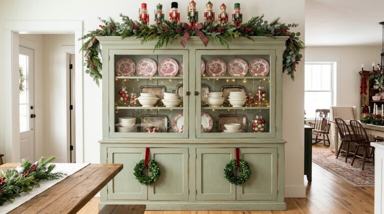 Christmas hutch decor on a sage green china cabinet with red transferware plates, pine garland and wooden nutcrackers on top