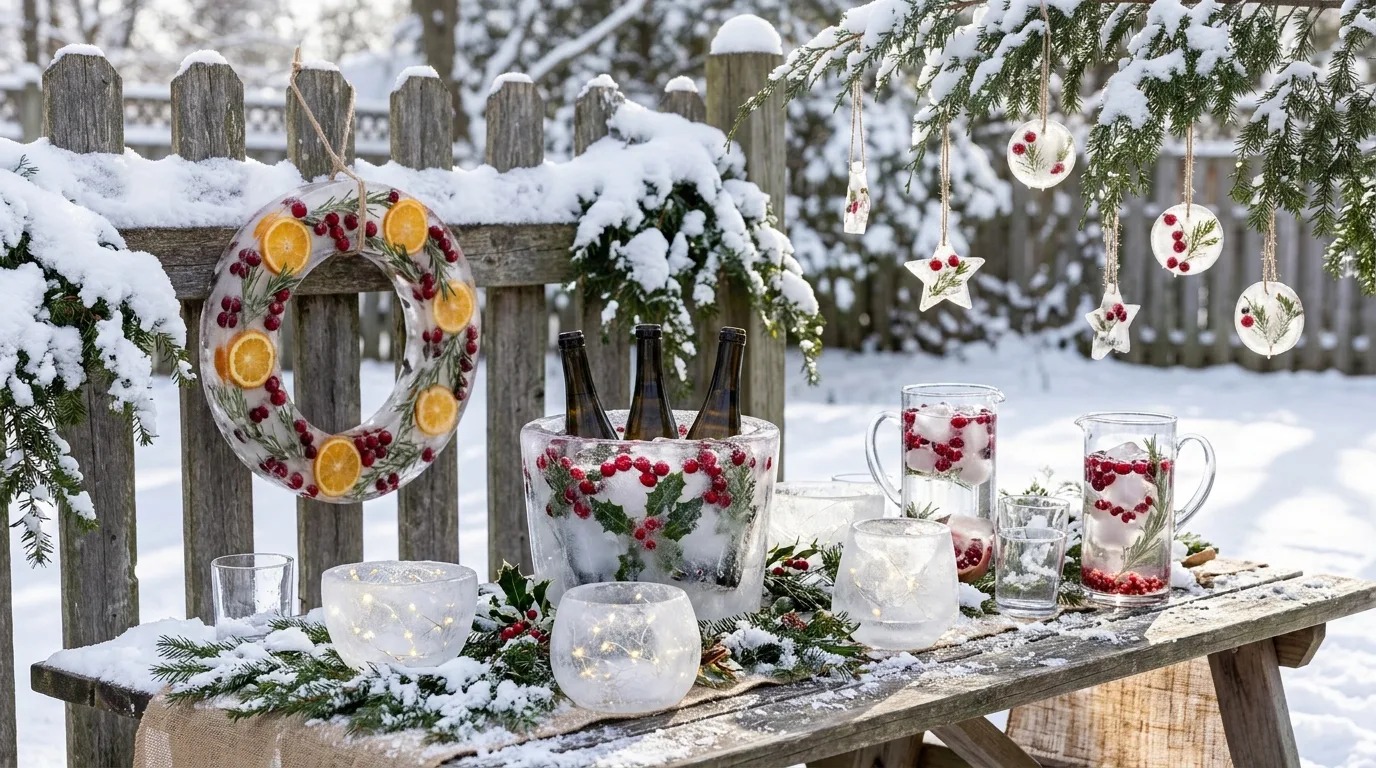 Christmas ice decor: ice wreath with oranges and cranberries, frozen ice bucket and LED ice lanterns on a snowy table