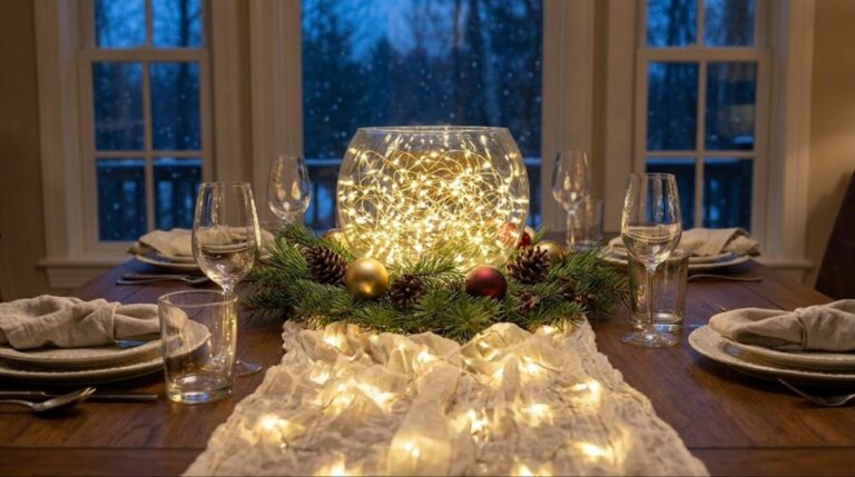 Christmas light ideas: warm fairy lights glowing in a clear glass bowl and under a sheer runner on a dining table at dusk
