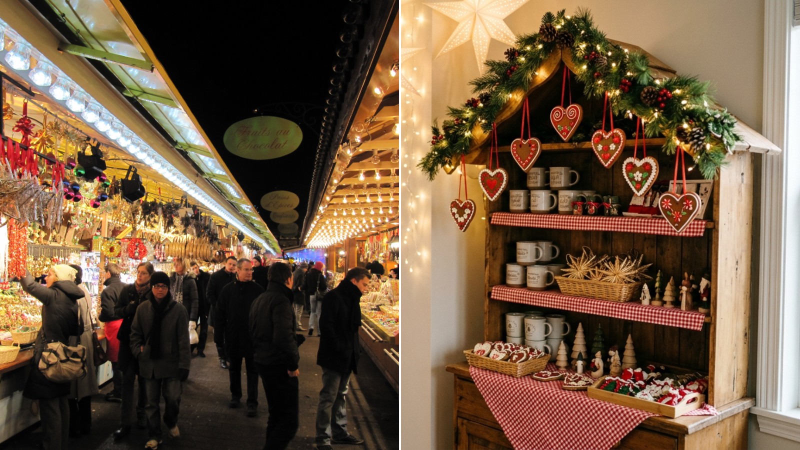 Christmas market decor next to a real market stall in Strasbourg