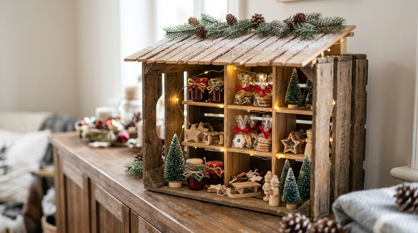 Christmas market decor stall made from a wooden crate with a snowy roof