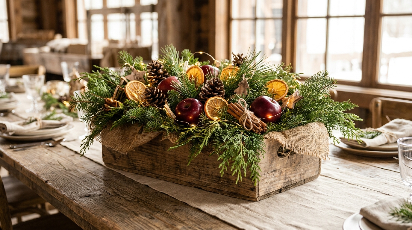 Christmas market decor centerpiece in a wooden crate with apples and pine