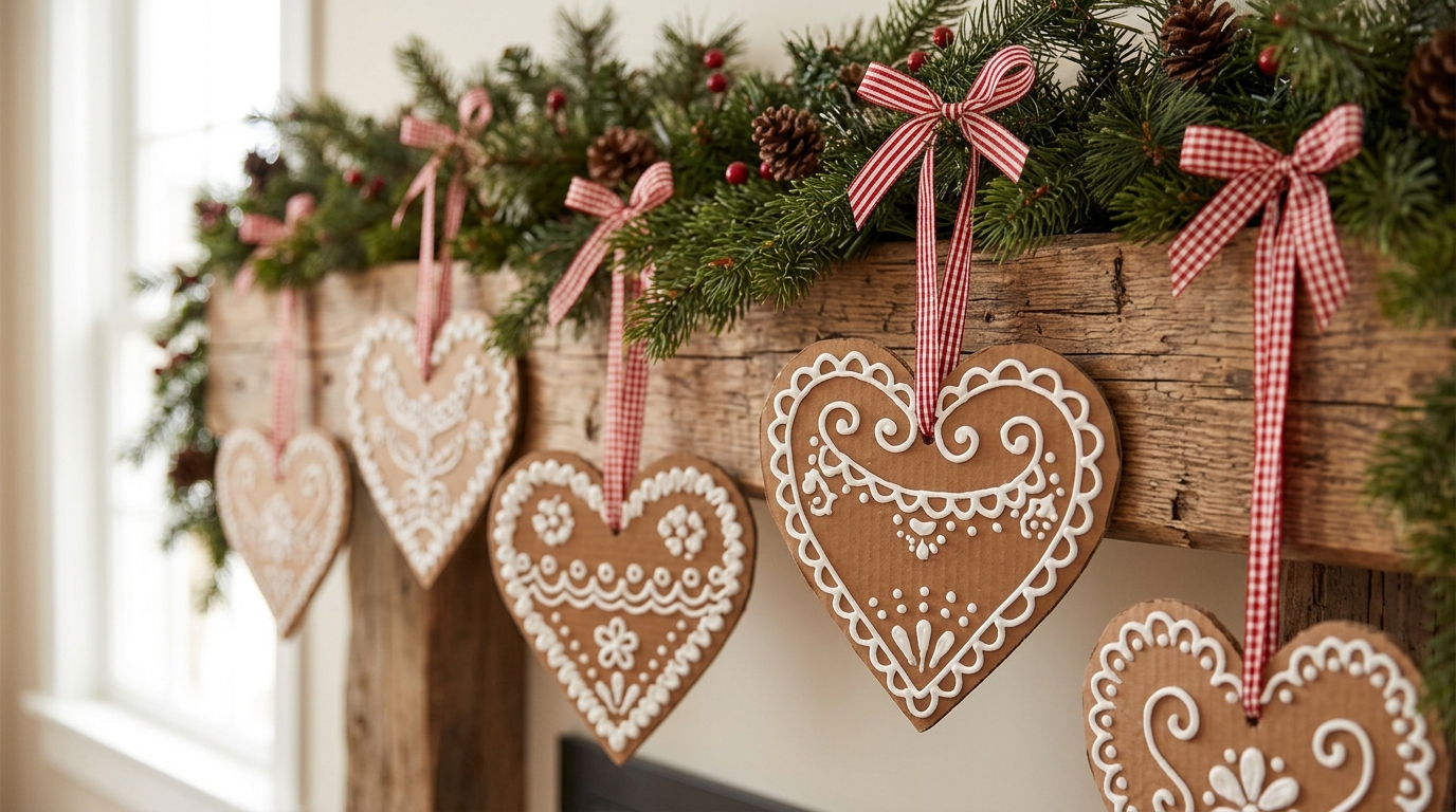 Christmas market decor gingerbread hearts hanging on ribbons from a mantel