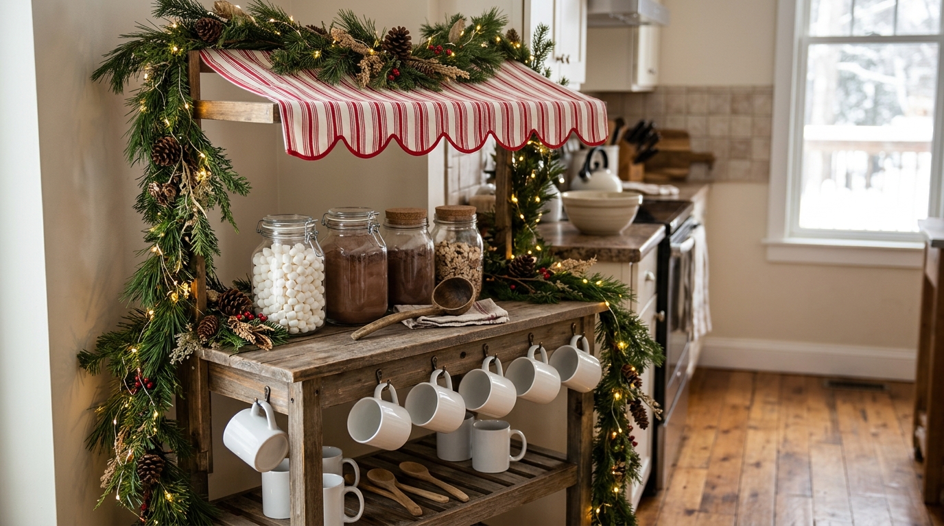 Christmas market decor cocoa hut with a striped awning in a kitchen
