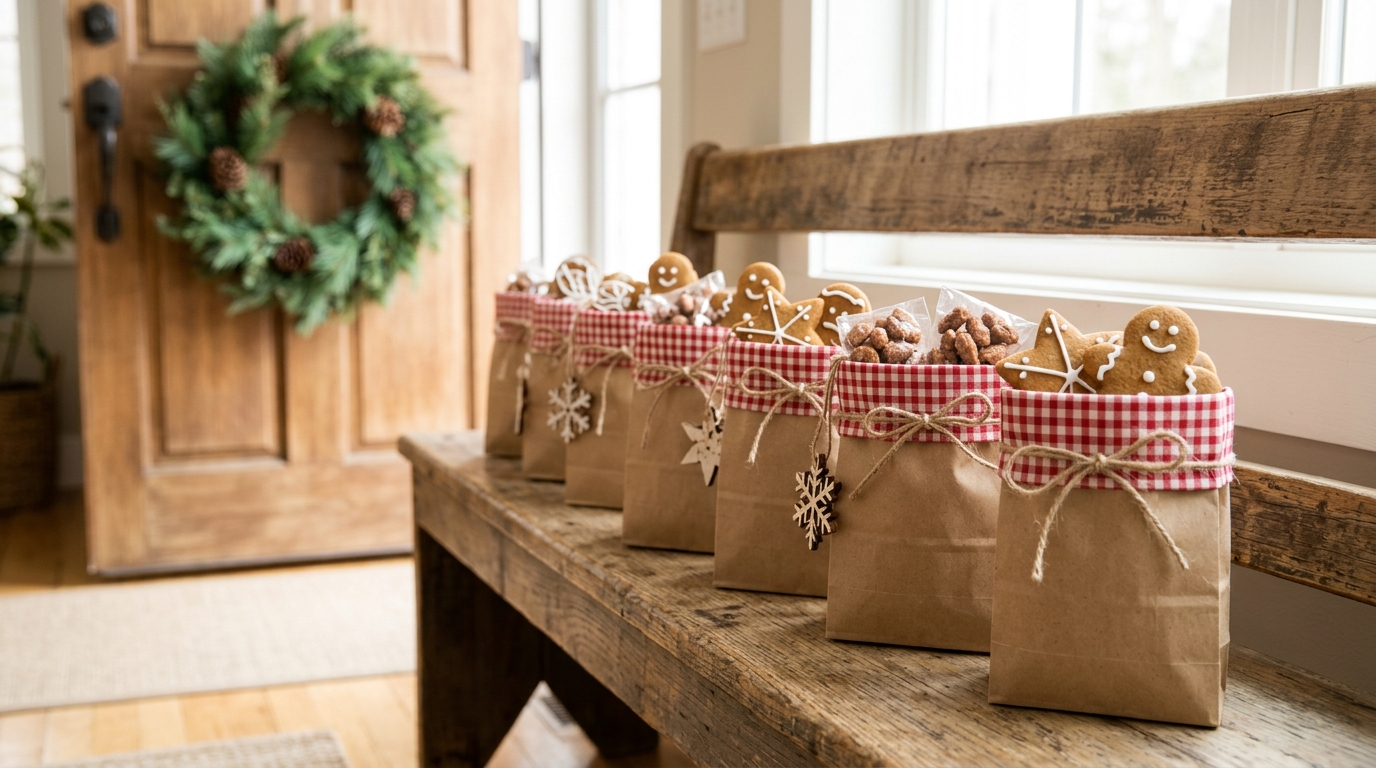 Kraft paper and checked fabric gift bags for guests on a bench
