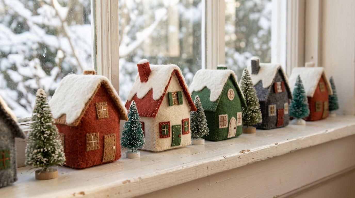 Christmas market decor felt Alpine village houses on a windowsill