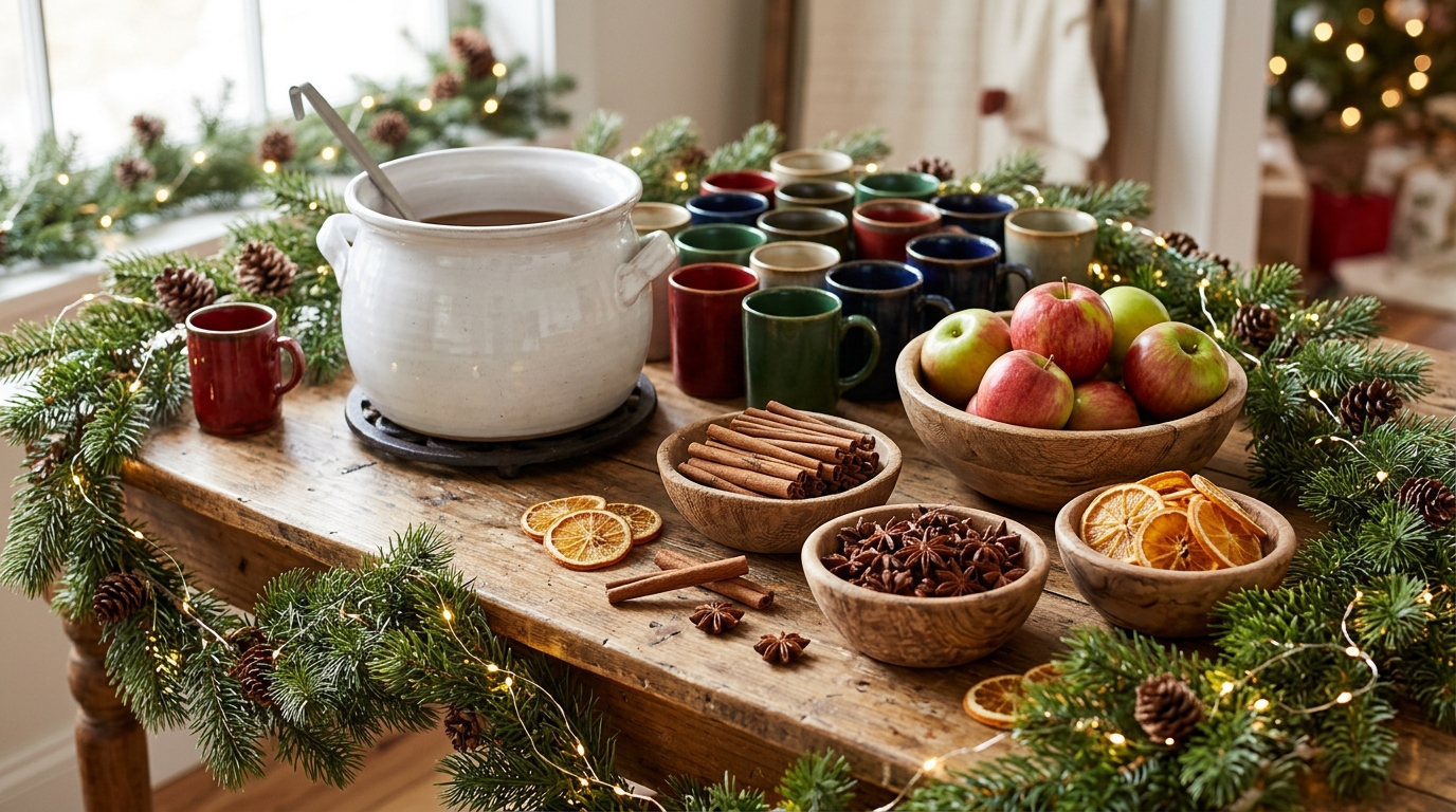 Warm apple cider station with mugs, cinnamon and orange slices