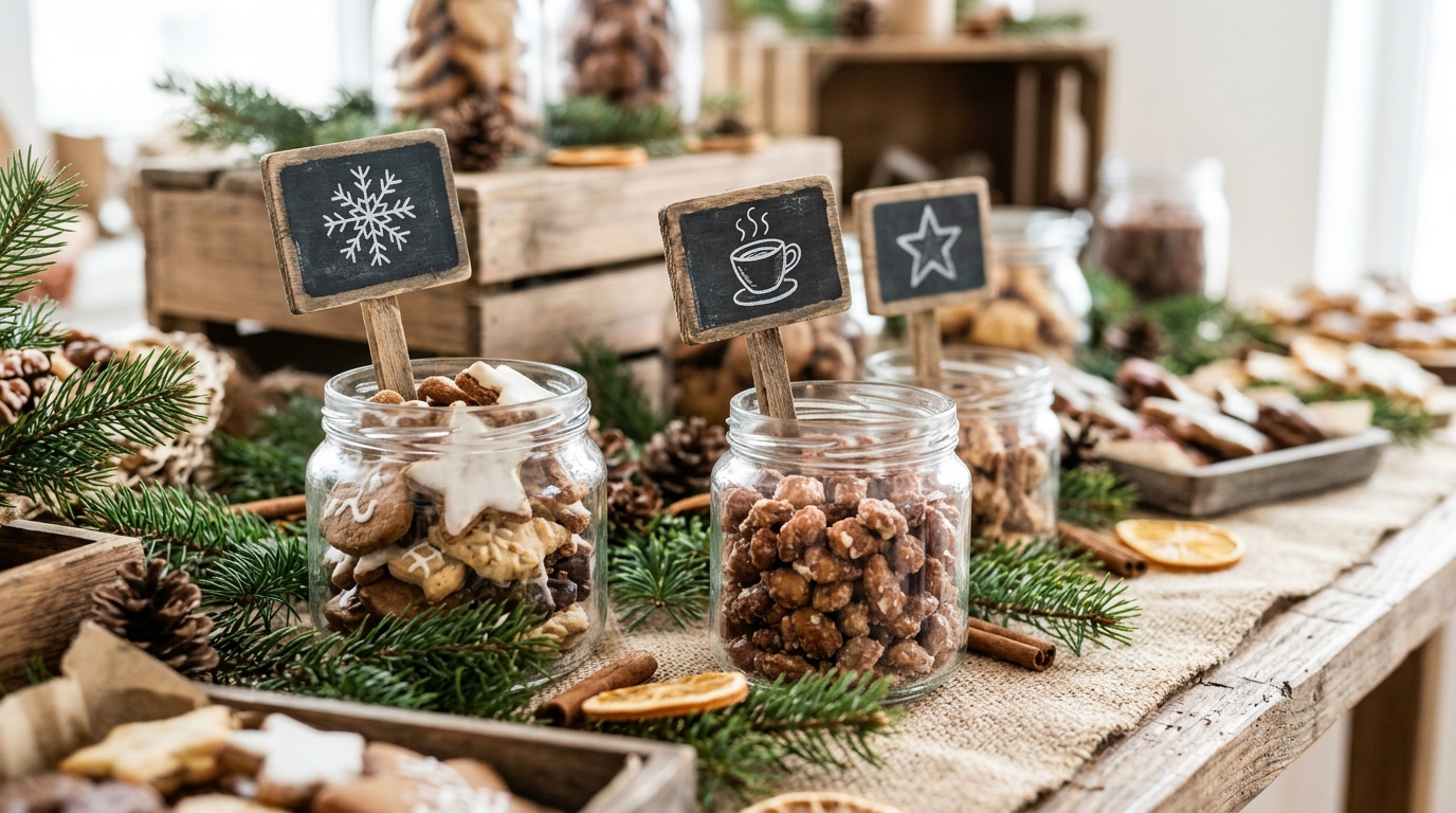 Small chalkboard signs on a market style holiday buffet table