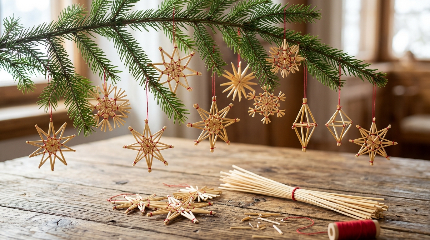 Christmas market decor straw star ornaments on a tree branch