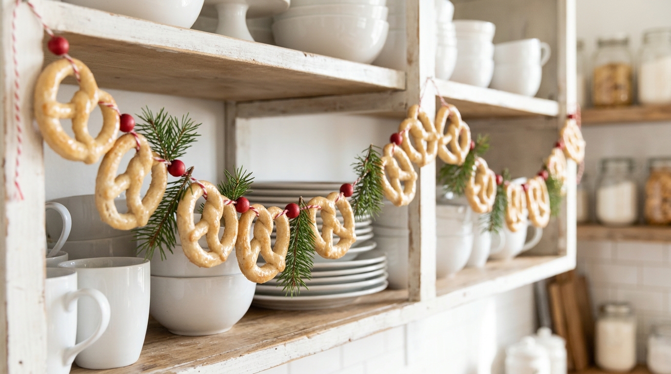 Salt dough pretzel garland on red and white twine across kitchen shelves