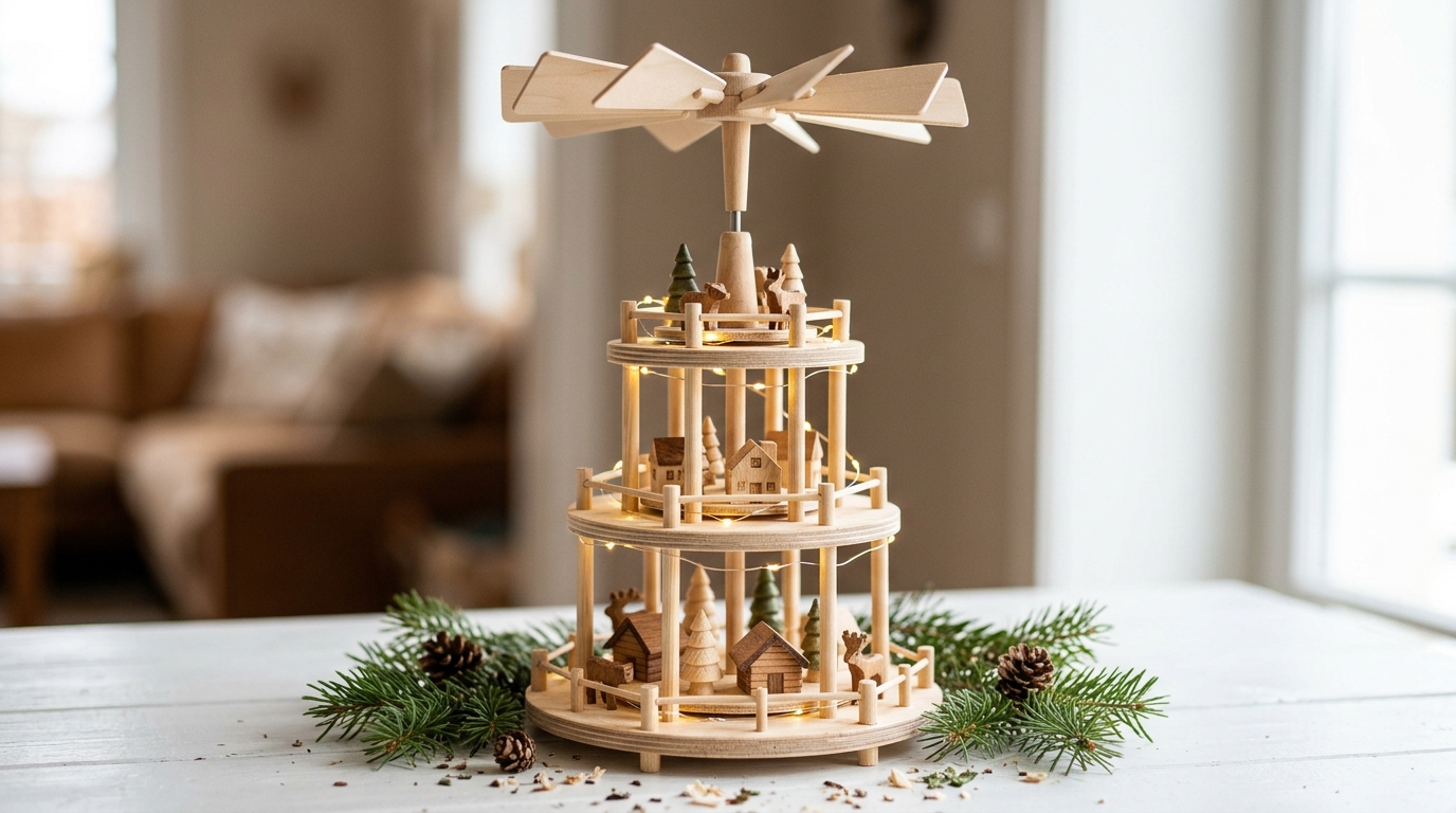 Wooden Christmas pyramid with figures and LED lights instead of candles