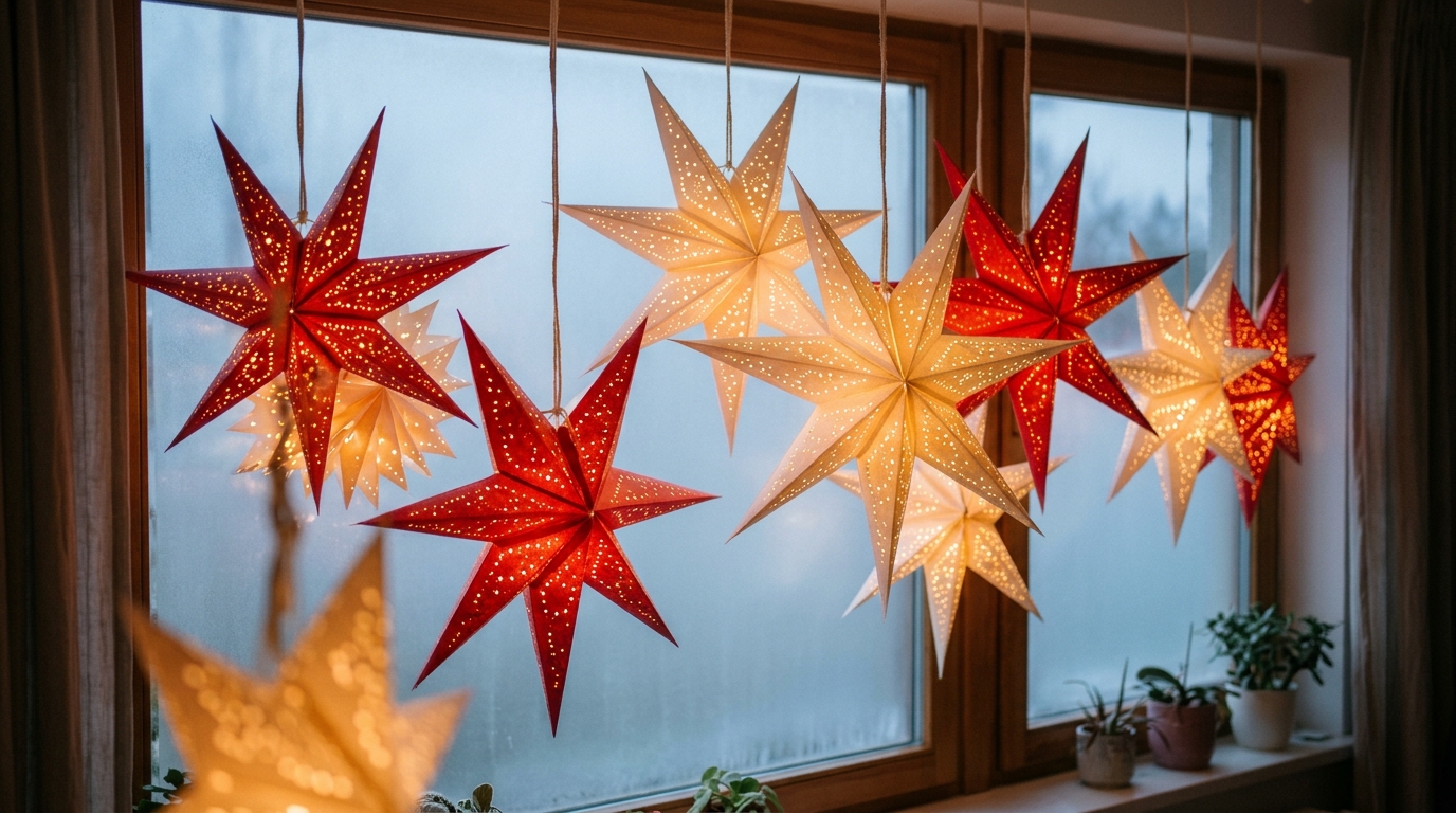 Red and white paper star lanterns glowing with LED lights in a window