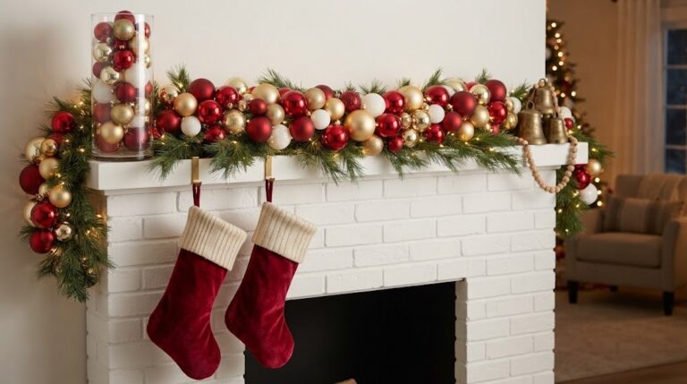 Christmas ornament hacks mantel garland of red, gold and white baubles with greenery and lights